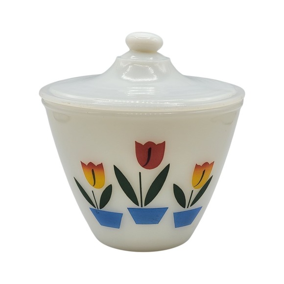 FIRE KING TULIP Ivory Off White GREASE DRIP JAR with Lid Anchor Hocking USA - Picture 6 of 6
